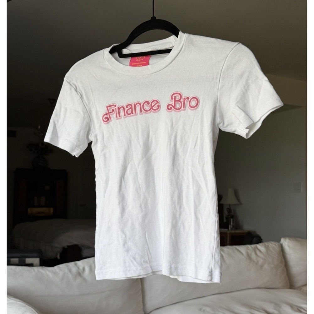 White/Pink Embroidered "Finance Bro" Crew Neck Cotton Knit Tee Women's S